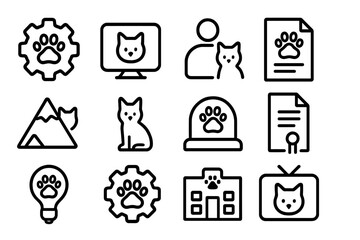 Pet care icons: cat-themed minimalist linear symbols for services and products