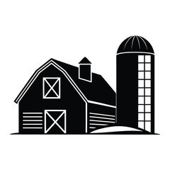 Minimalist vector illustration of a farm silo standing next to a rustic barn in a simple silhouette style © MdEashad