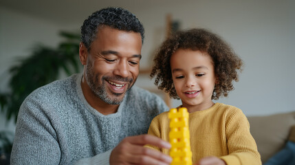 Father and daughter building a toy tower in a sunny home