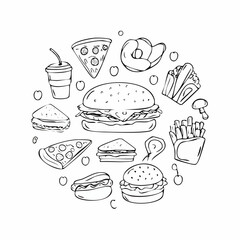 Set of outline fast food drawings. Doodle silhouettes of takeaway meals. Pizza, burger, sandwich, hotdog, ice cream, taco, soda and other elements. Black line vector ...
