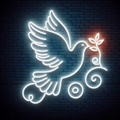 Blaues Neon Schild mit Friedenstaube und Zweig auf , dunklem Hintergrund , copy space