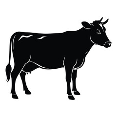 A simple black silhouette of a standing cow shown in side profile perfect for farm or livestock themes