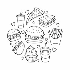 Set of outline fast food drawings. Doodle silhouettes of takeaway meals. Pizza, burger, sandwich, hotdog, ice cream, taco, soda and other elements. Black line vector ...