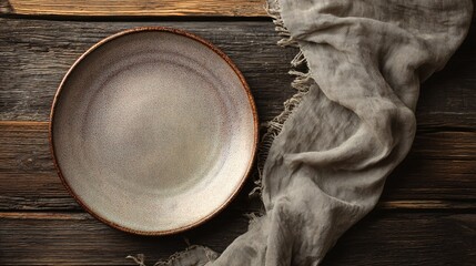 Handmade ceramic plate on rough-hewn wood table, linen napkin beside