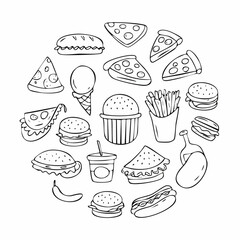 Set of outline fast food drawings. Doodle silhouettes of takeaway meals. Pizza, burger, sandwich, hotdog, ice cream, taco, soda and other elements. Black line vector ...