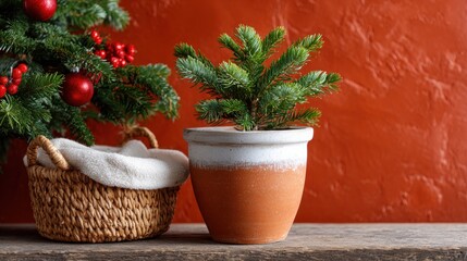 Small green plant in a white pot beside a woven basket on a light wooden surface.