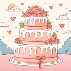 Hand drawn wedding or anniversary cake with bows and rose flowers decorations. Whimsical doodle dessert illustration. Coquette bakery item. Line art sweet pastry food. Vector ...