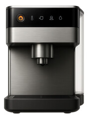 Coffee machine with a brushed metal finish and app-synced cleaning cycles for maintenance management