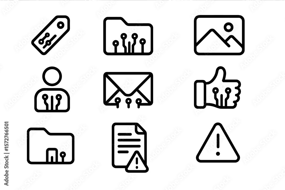 Poster tech interface icons with circuit elements in black linear style