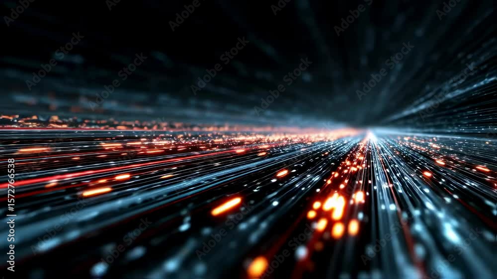 Poster highenergy visualization of a digital highway filled with vibrant binary symbols and interconnected 