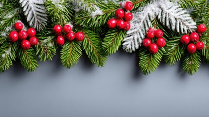 Close-up of a snow-dusted Christmas tree branch decorated with red berries in winter daylight.