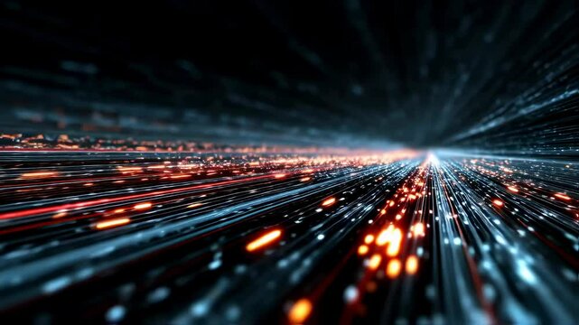 Highenergy visualization of a digital highway filled with vibrant binary symbols and interconnected data streams. The abstract design symbolizes the constant movement and evolution