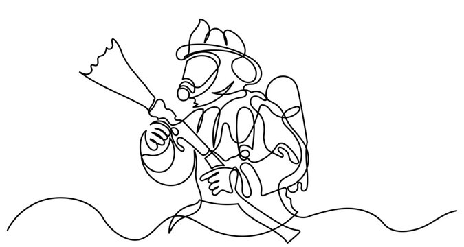 One-line drawing of a firefighter in gear using a hose to spray water, with swirling lines representing the water flow. The image captures action, bravery, and dedication in a minimalist style