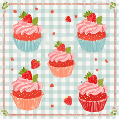 Set of hand drawn vintage birthday posters with strawberry cakes on checkered background. Whimsical dessert drawings. Coquette confectionery design. Contemporary art vector ...