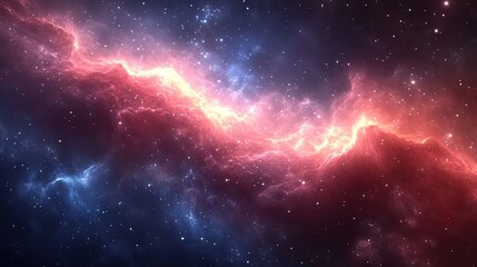 Vast expanse of vibrant nebulae in space, swirling hues of pink, red, and blue against a dark backdrop of stars