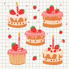Set of hand drawn vintage birthday posters with strawberry cakes on checkered background. Whimsical dessert drawings. Coquette confectionery design. Contemporary art vector ...