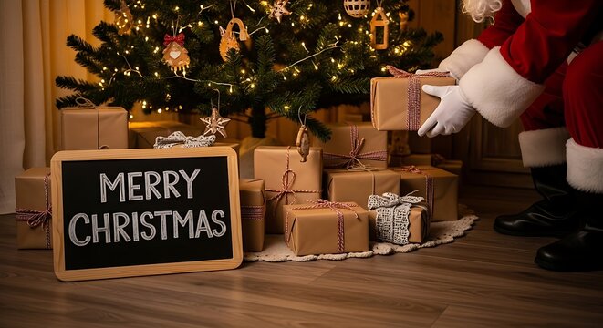 Santa claus placing a gift under a decorated christmas tree with a merry christmas sign - Powered by Adobe