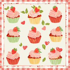 Set of hand drawn vintage birthday posters with strawberry cakes on checkered background. Whimsical dessert drawings. Coquette confectionery design. Contemporary art vector ...