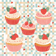 Set of hand drawn vintage birthday posters with strawberry cakes on checkered background. Whimsical dessert drawings. Coquette confectionery design. Contemporary art vector ...