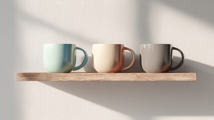 Fototapeta premium Minimal kitchen shelf with vintage mugs and soft light, white wall