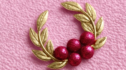 Close-up of a vibrant red berry wreath placed on a soft pink background, perfect for festive or seasonal themes.