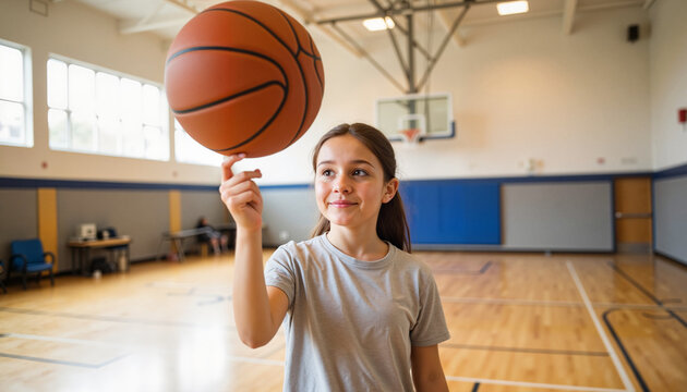 Young girl spinning basketball on finger in indoor gymnasium   - Powered by Adobe