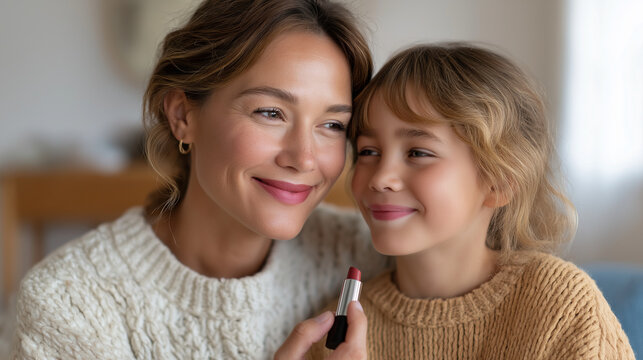 Young girl learning to apply lipstick with mom in cozy home