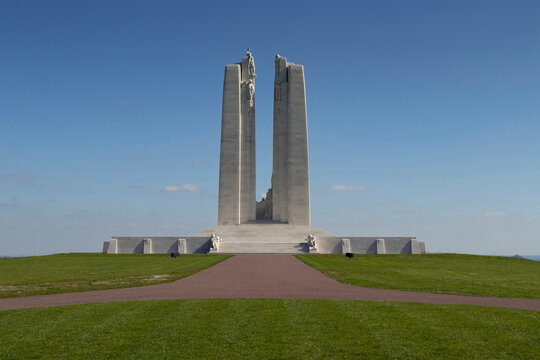 LENS, FRANCE, 3 APRIL 2023: Front view of the Canadian National Vimy Memorial at Vimy Ridge, near Vimy, France. Designed by Walter Seymour Allward it is a commemoration to the fallen of World War One.