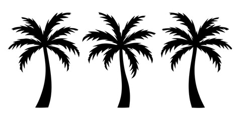 Palm tree silhouette vector set. Includes various black tropical palm tree shapes in minimal style. Isolated on white, perfect for summer, travel, and nature-themed designs.