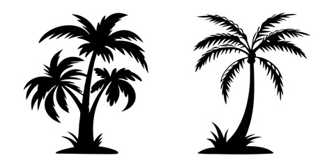 Palm tree silhouette vector set. Includes various black tropical palm tree shapes in minimal style. Isolated on white, perfect for summer, travel, and nature-themed designs.