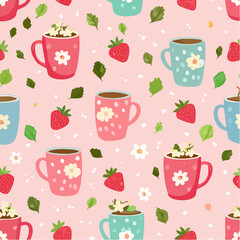 Seamless vector pattern with floral mugs and strawberries. Country style pink background with cute cups. Cottagecore texture for wallpaper, wrapping paper, textile ...