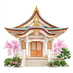 Elegant Japanese Shrine with Cherry Blossoms, Traditional Architecture and Landscaping