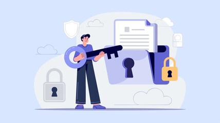user holding key to unlock a secure file folder, vector illustration for secure file access, data encryption and information confidentiality