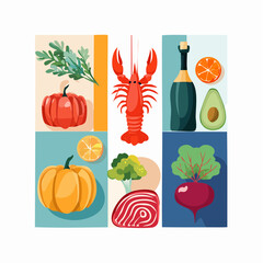 Set of abstract food posters with fruits, vegetables, lobster, wine illustrations. Contemporary art prints in colorful trendy style. Dinner party whimsical wall art. Vector graphic