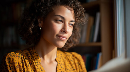 Black woman enjoying a moment with her book collection at home