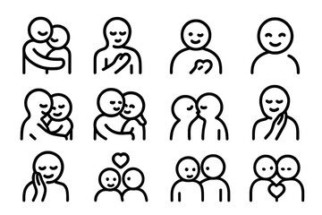 Heartfelt connection icons: embracing love and friendship in linear black and white designs