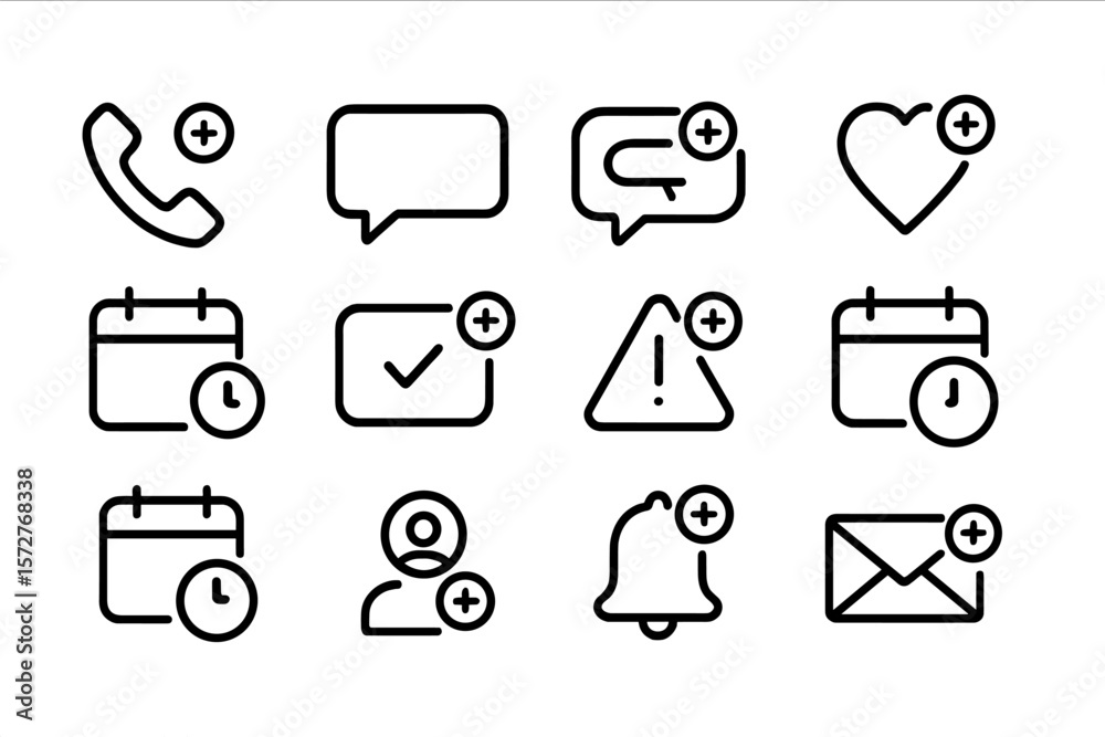 Poster set of linear icons with notification symbols on dark background