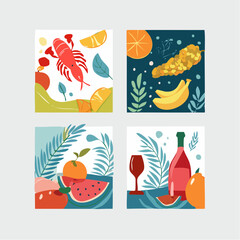 Set of abstract food posters with fruits, vegetables, lobster, wine illustrations. Contemporary art prints in colorful trendy style. Dinner party whimsical wall art. Vector graphic