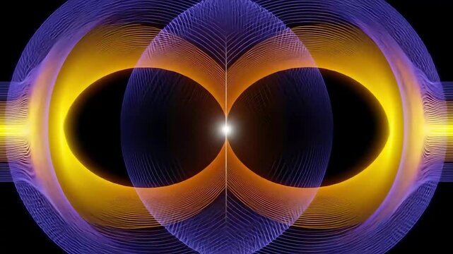 Illustration of a digital interference pattern from a double chamber (double slit) experiment, showing symmetrical blue and yellow light waves on a solid black background.
