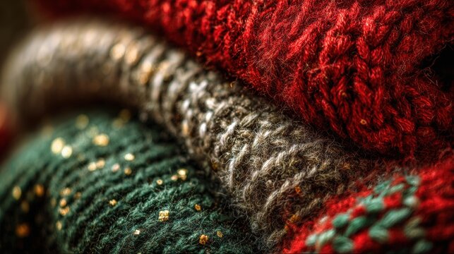 Close-up of a colorful pile of knitted fabrics featuring red and green patterns in soft textures.