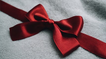 Close-up of a red ribbon tied around a soft gray blanket on a neutral background, perfect for gift or cozy themes.