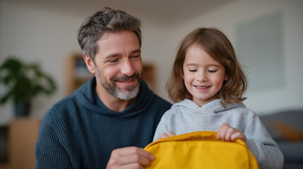 Father and daughter packing a school bag in a cozy home