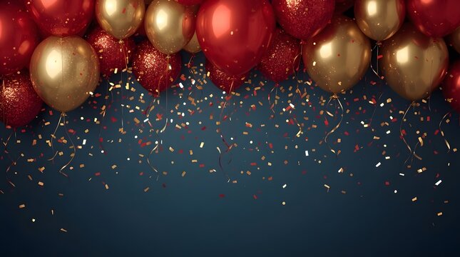 Celebration scene with gold and red balloons and confetti on deep blue background perfect for luxurious event promotions. - Powered by Adobe