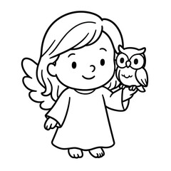 Obraz premium Cute Angel Girl Holding Owl Line Art Illustration