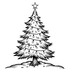 Christmas tree with string lights drawing, kids coloring book illustration