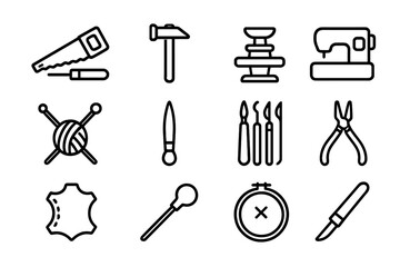 Obraz premium Crafting tools icons set: minimalist line art on dark background for creative projects