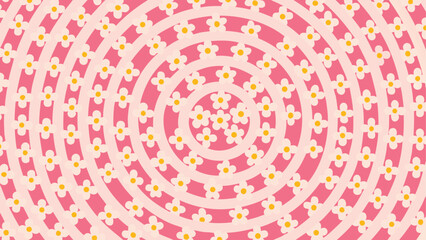 Circular pattern of white flowers with yellow centers on pink background with white concentric circles