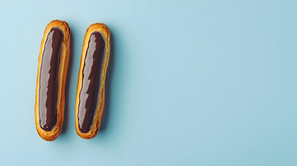 Two chocolate eclairs on a pastel blue surface, delectable pastry background