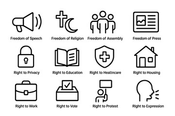 Icon set representing fundamental human rights including freedom and privacy