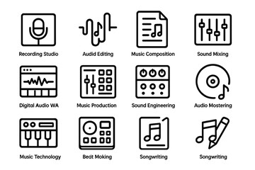 Music production line icons set for audio engineering and composition